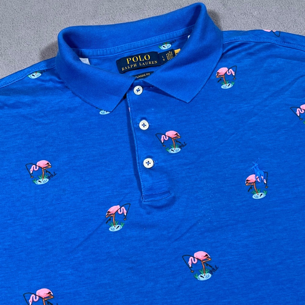 Ralph Lauren Polo Shirt‎ Mens Large Blue Flamingo Fishing Pattern Short Sleeve